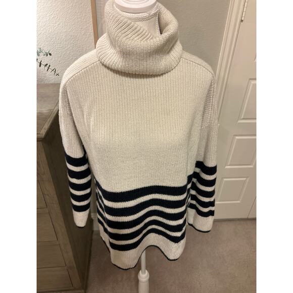 COS | Cream/Navy Striped Chunky Wool/Cotton Blend Knit Turtleneck | Small - Picture 4 of 12